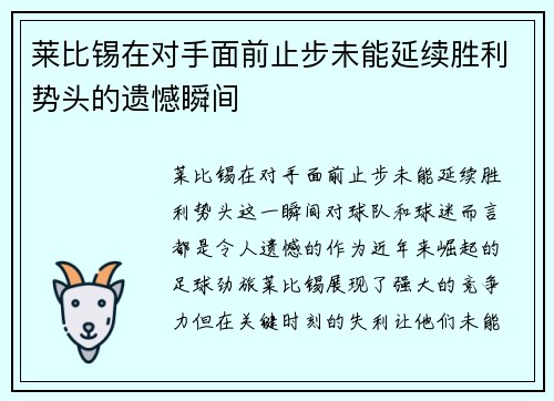 莱比锡在对手面前止步未能延续胜利势头的遗憾瞬间