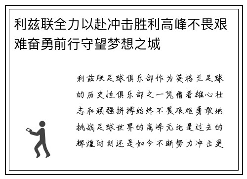 利兹联全力以赴冲击胜利高峰不畏艰难奋勇前行守望梦想之城
