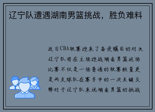 辽宁队遭遇湖南男篮挑战，胜负难料