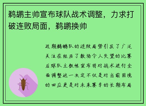 鹈鹕主帅宣布球队战术调整，力求打破连败局面，鹈鹕换帅