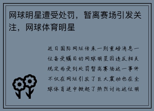 网球明星遭受处罚，暂离赛场引发关注，网球体育明星