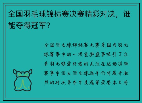 全国羽毛球锦标赛决赛精彩对决，谁能夺得冠军？